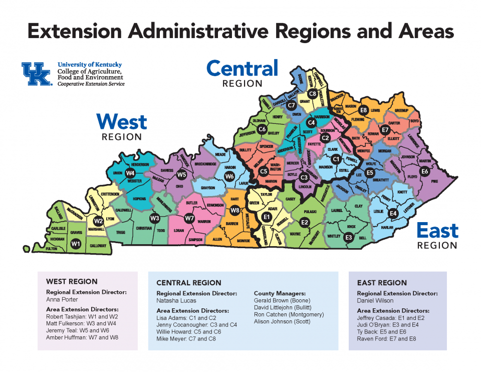 Map of Kentucky counties divided by Extension Areas and Extension Regions - click for PDF version